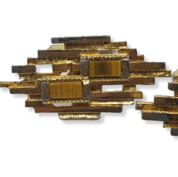 CHRISTIAN DIOR VINTAGE MID CENTURY MODERN GOLDPLATED & TIGERS EYE MENS CUFFLINKS - Picture 3 of 8